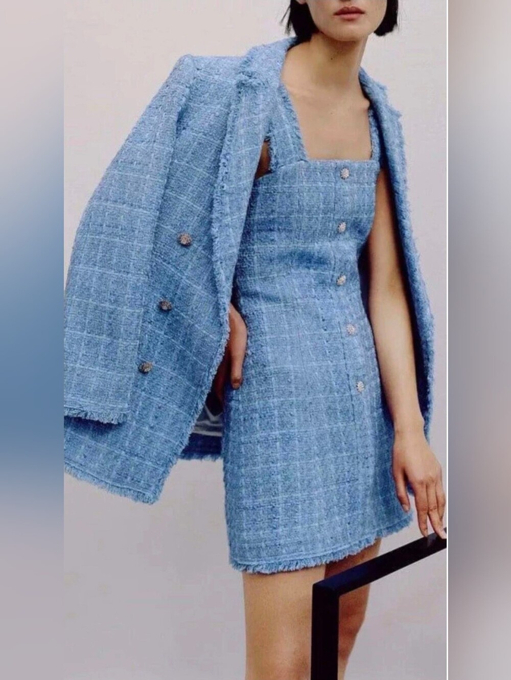 New Zara Sky Blue Tweed Dress With Crystal Buttons Size S